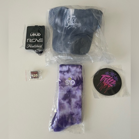 Bundle of Cannabis Branded Merch Accessories- Pin, socks, hat, & more NWOT - Picture 1 of 14
